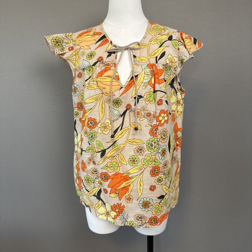 Hester & Orchard Linen Blend Short Sleeve Tassel Floral V-Neck Top Size Large
